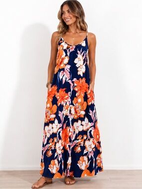 New Orange & Navy Floral Botanical Maxi Dress – Size M